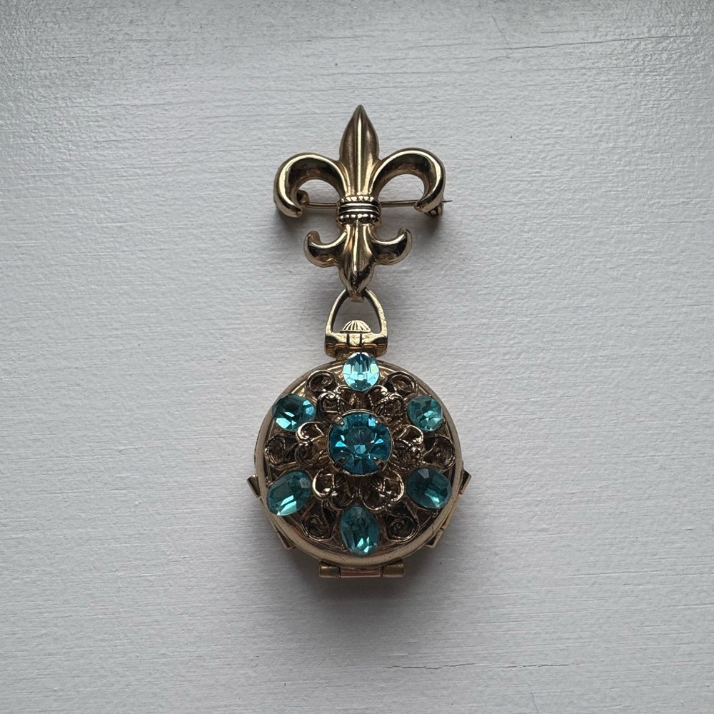Coro Gold Locket Brooch with Blue Accents